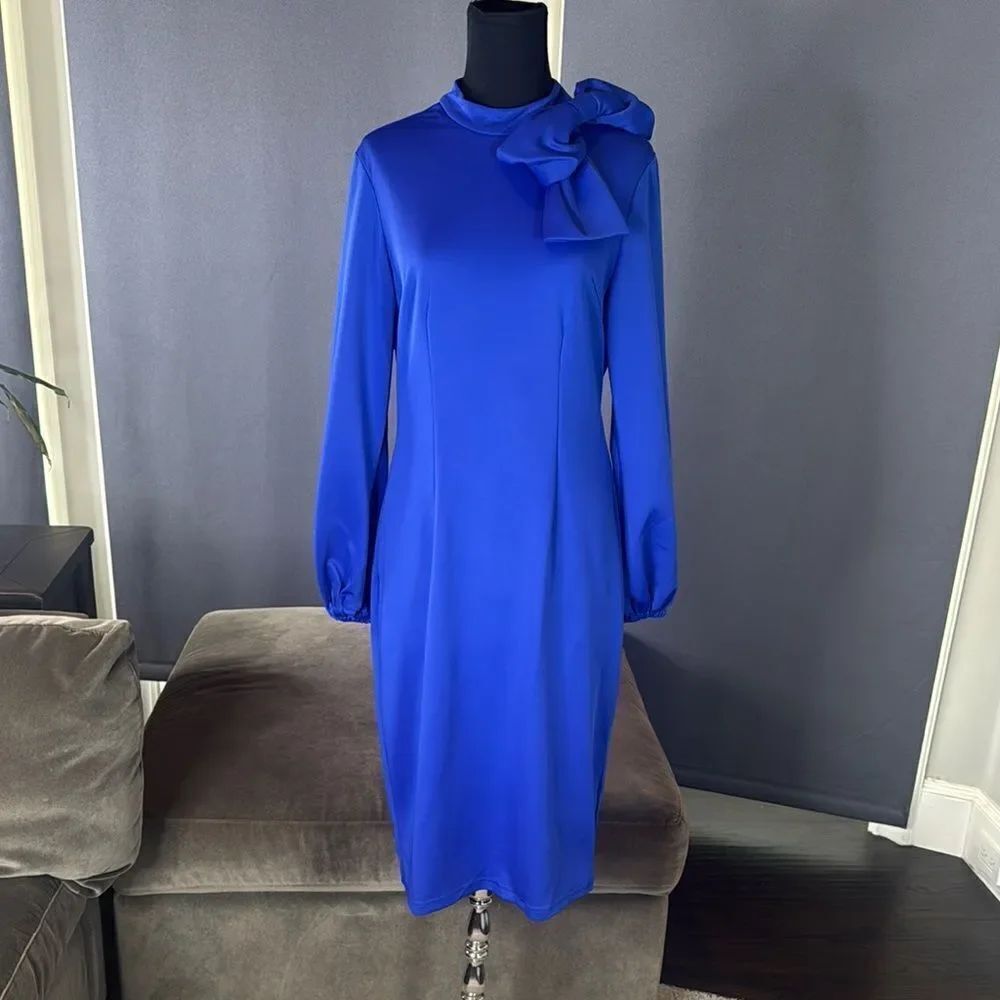 Women’s Blue Long Sleeve Midi Pencil Dress with Bow Detail Size XXL NEW